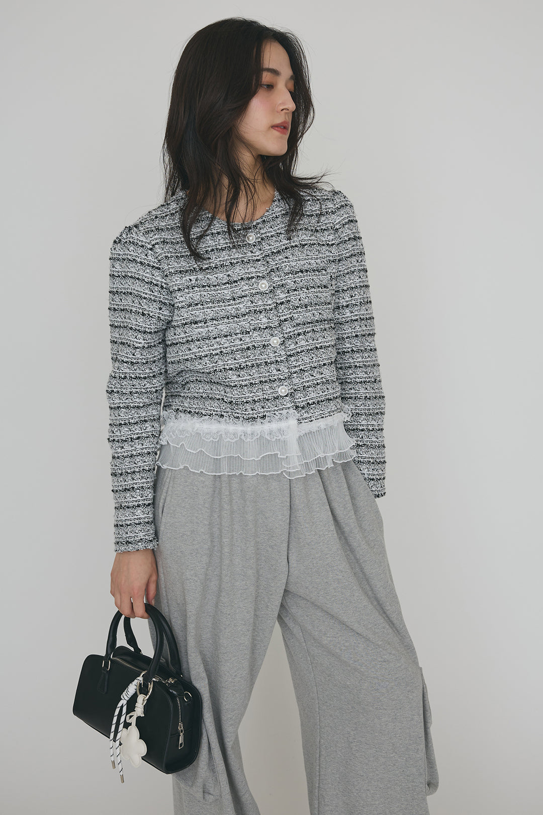 [予約/SET]プリーツフリルヘムライトツイードジャケット+ライトスウェットサイドリボンパンツ(2set)