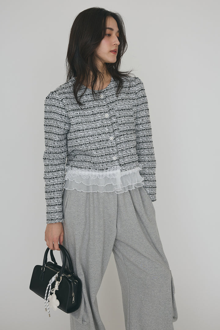 [予約/SET]プリーツフリルヘムライトツイードジャケット+ライトスウェットサイドリボンパンツ(2set)