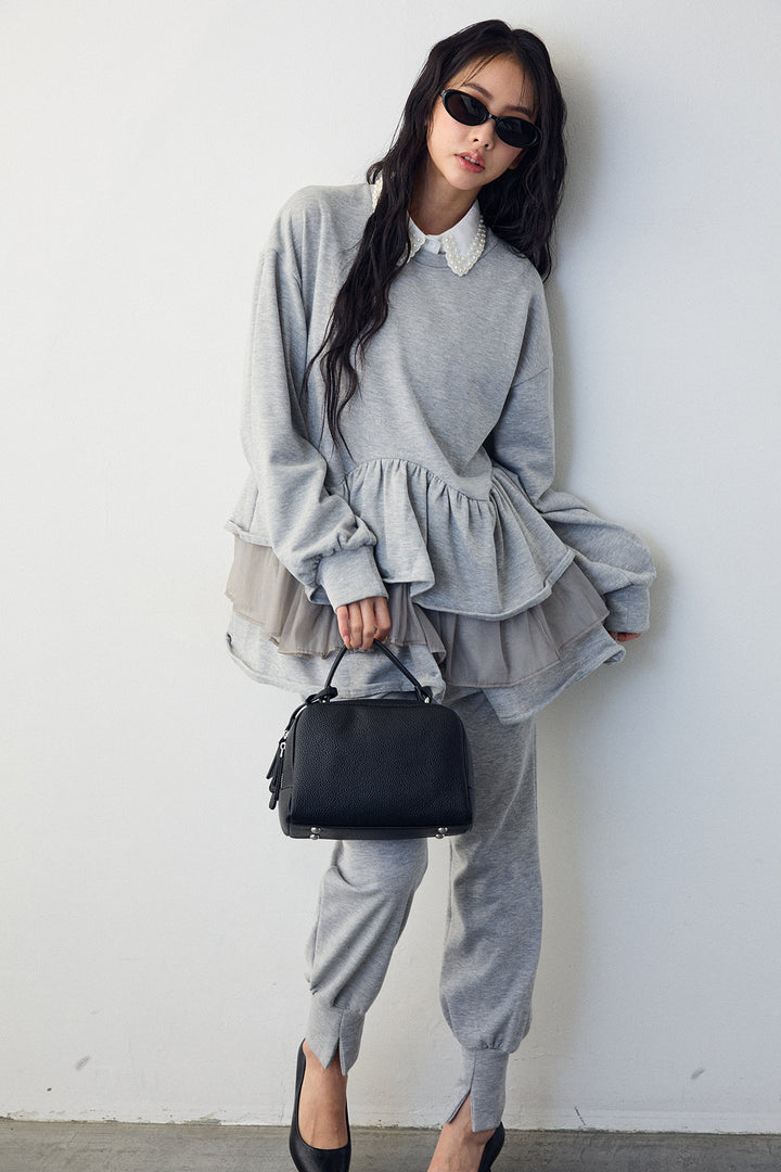 [予約/SET]2連パール付け襟+異素材ミックスフリルティアードスウェットPO+ライトスウェット美ラインジョガーパンツ(3set)