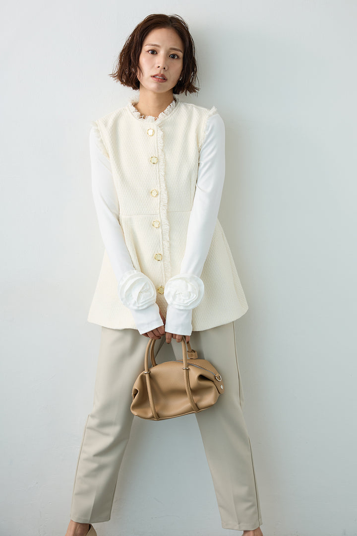 [予約/SET]フラワーモチーフポイントカットトップス+ツイードペプラム美フォルムジレ+タックテーパードパンツ(3set)