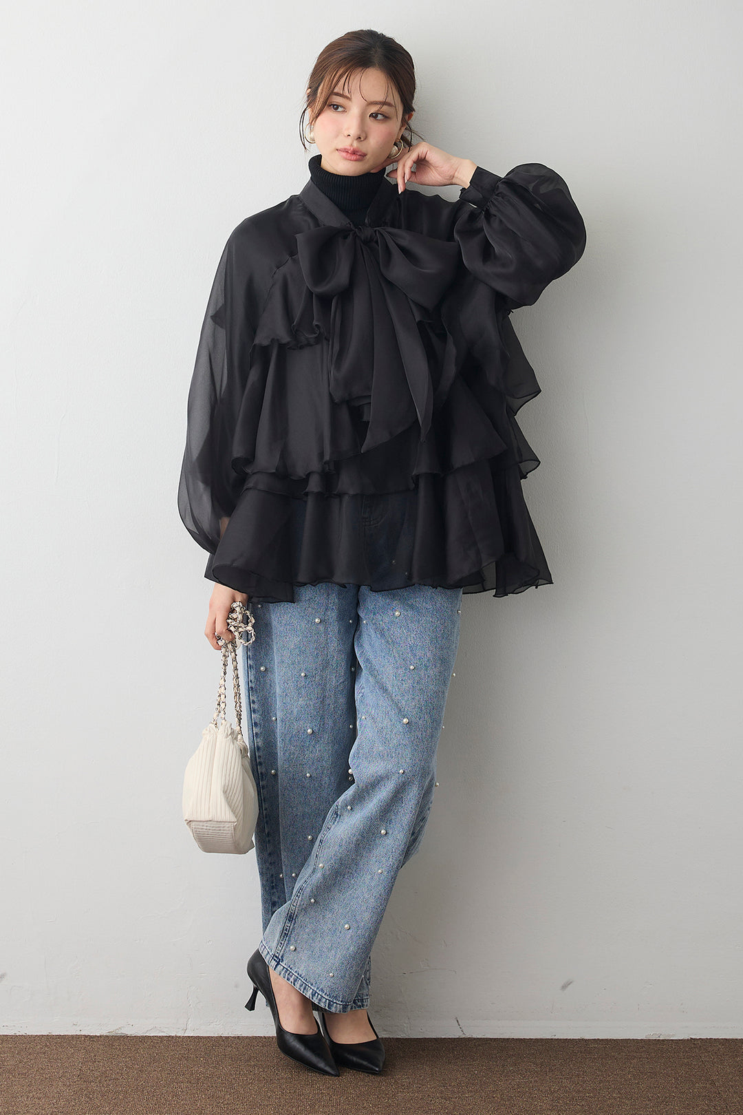 [予約/SET]フロントBIGリボンティアードエアリーチュニック+パールスタッズストレートハイウエストデニム(2set)