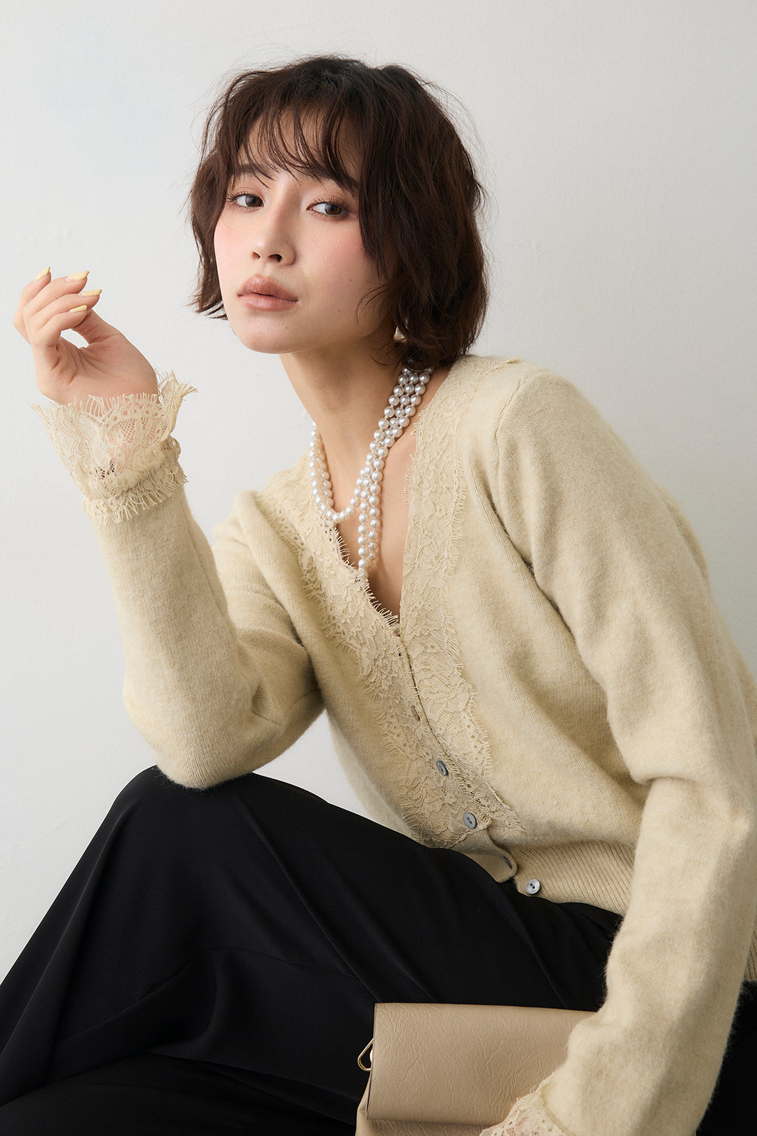 [予約/SET]レースVラインボタンニット+とろみドロストワイドパンツ(2set)