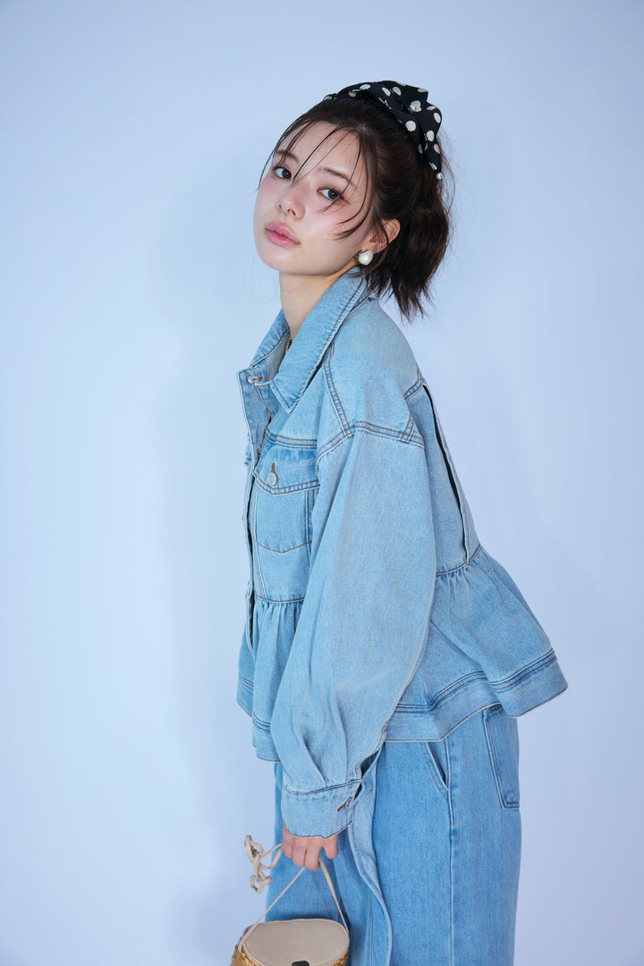 [予約/SET]ペプラムデニムジャケット+フリルウェーブデニムパンツ(2set)