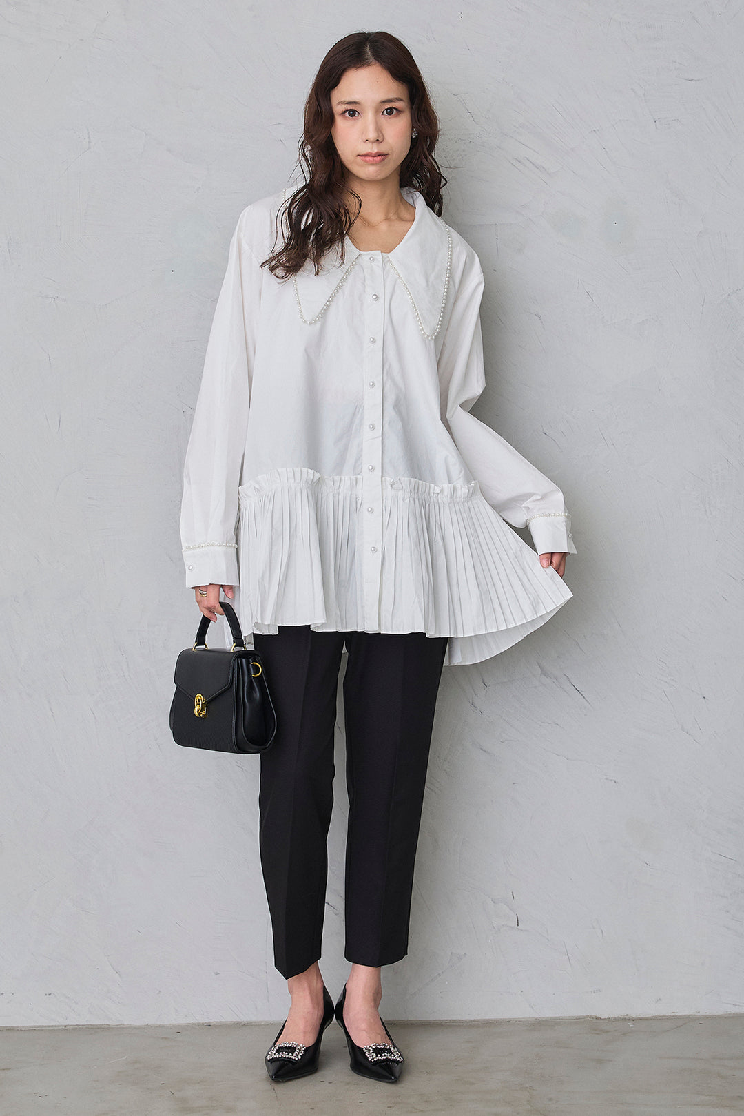 [予約/SET]パールライン襟×プリーツシャツ+タックテーパードパンツ(2set)