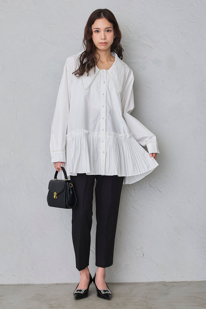 [予約/SET]パールライン襟×プリーツシャツ+タックテーパードパンツ(2set)