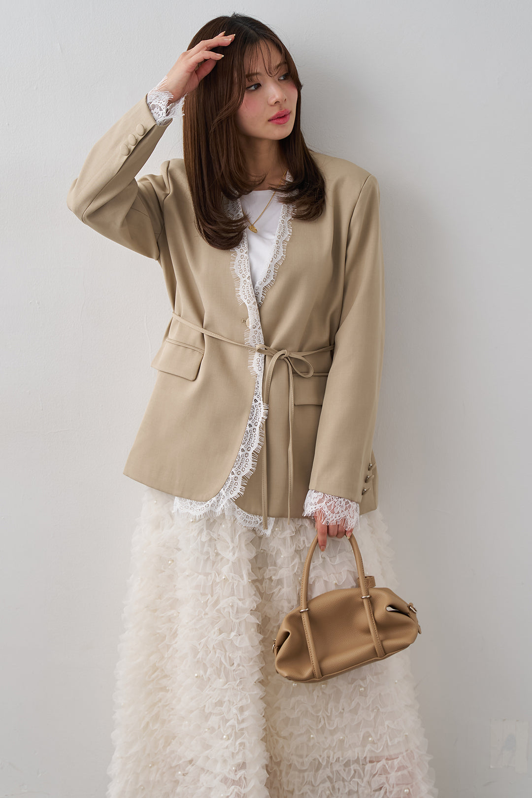 [予約/SET]カシュクールレースドッキングジャケット+パール付きホイップチュールスカート(2set)