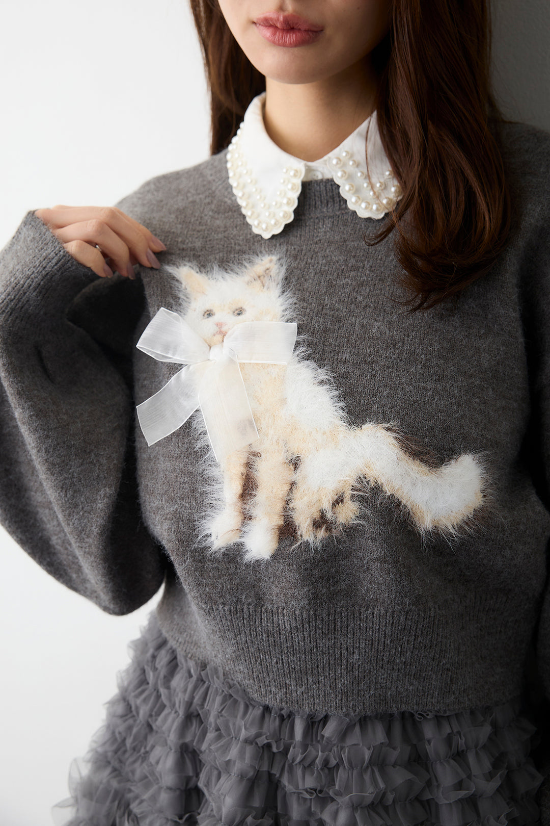 [予約/SET]2連パール付け襟+シャギーリボンキャットモチーフニットPO+ホイップチュールティアードスカート(3set)