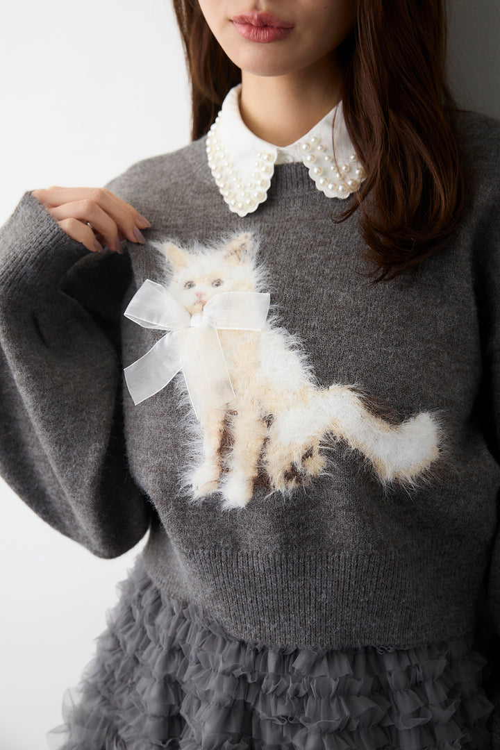 [予約/SET]2連パール付け襟+シャギーリボンキャットモチーフニットPO+ホイップチュールティアードスカート(3set)