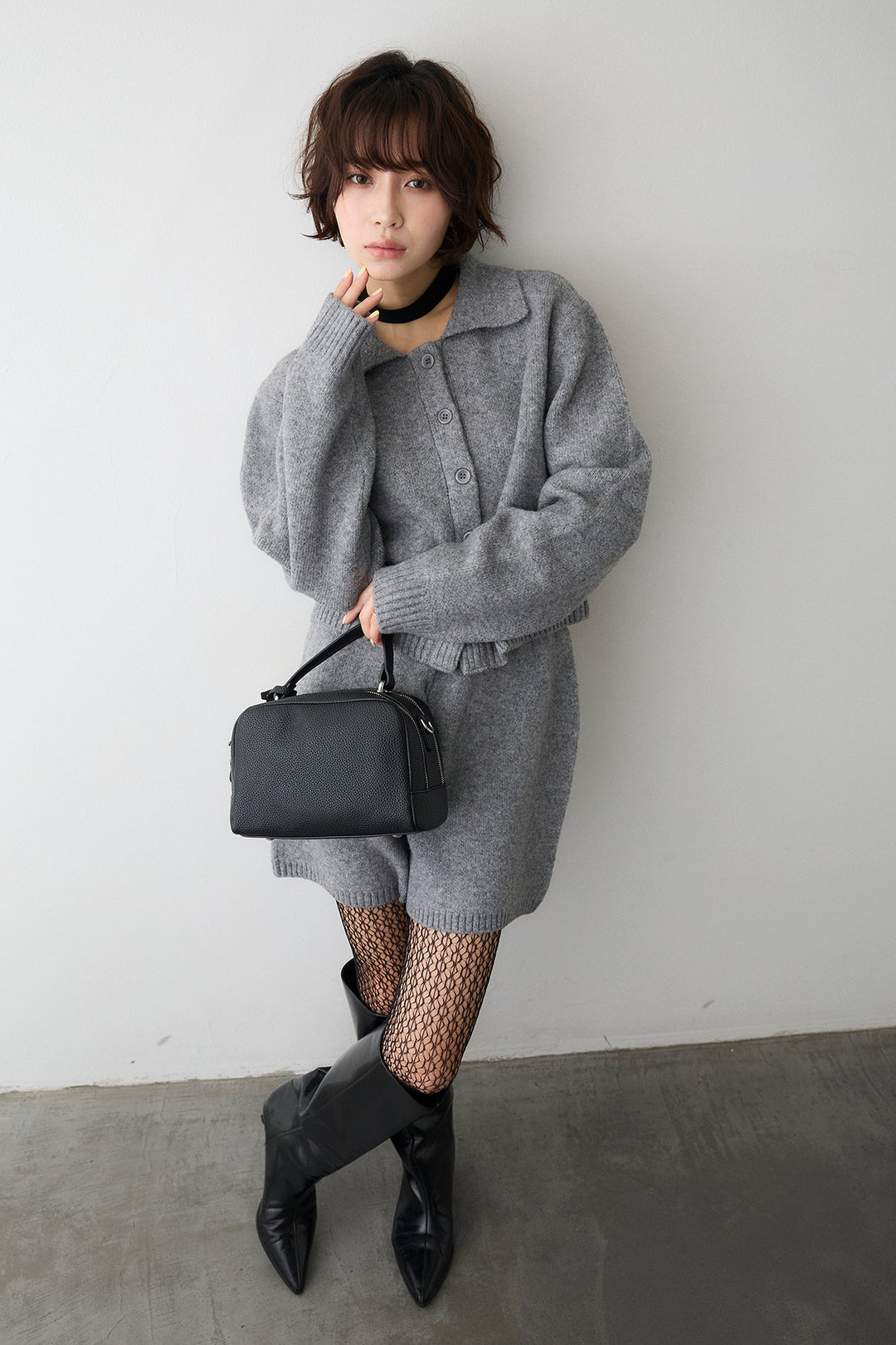 [予約]メランジニットポロ襟クロップドカーデ