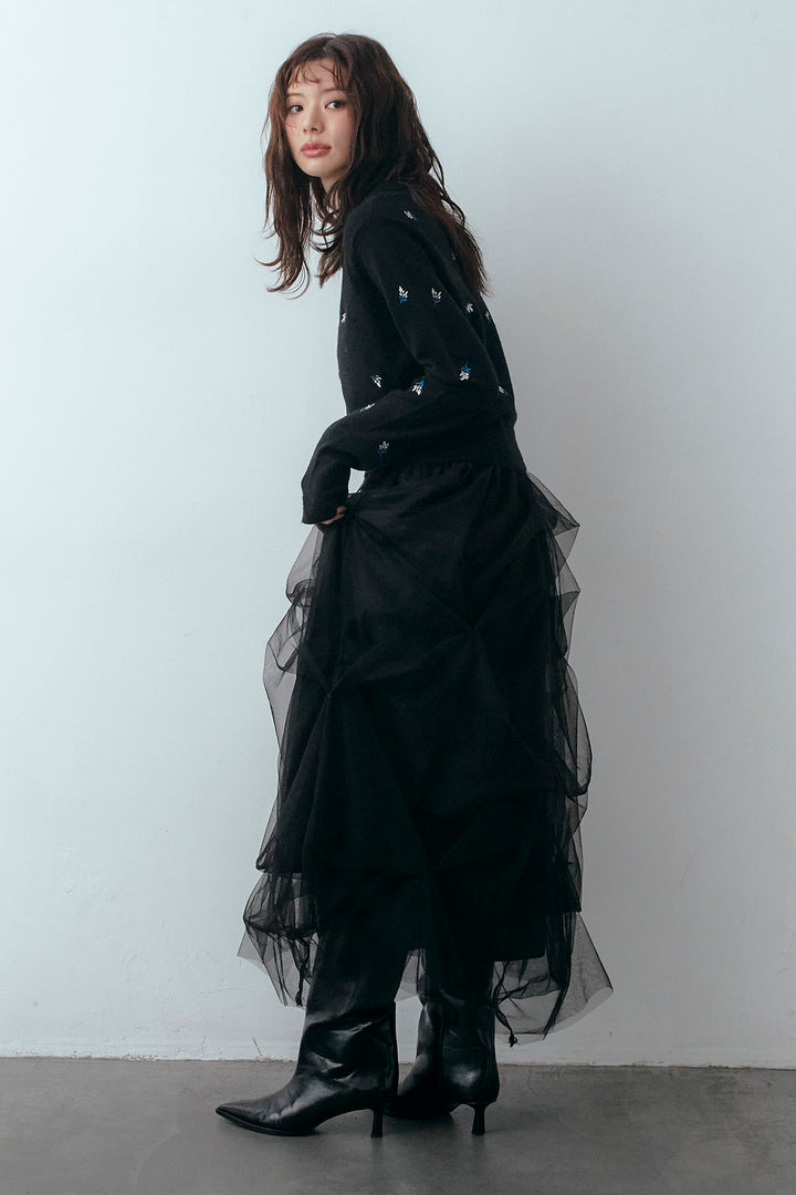 [予約/SET]ニュアンスフラワー刺繍クロップドニットカーデ+マルチパターンタックチュールスカート(2set)