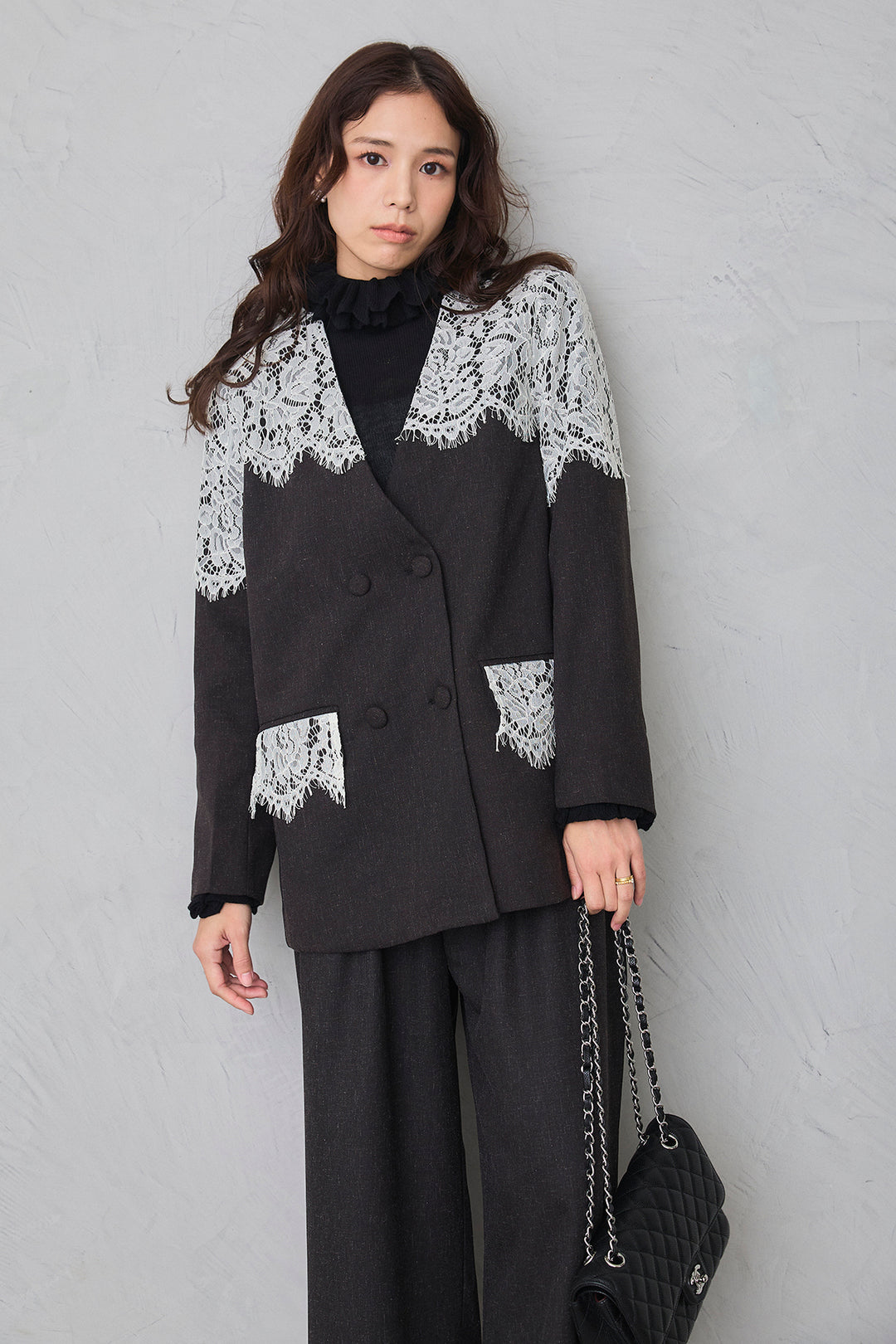 [予約/SET]ダブルフリルカラーニットプルオーバー+ショルダーレースデザインジャケット+ライトツイードタックパンツ(3set)