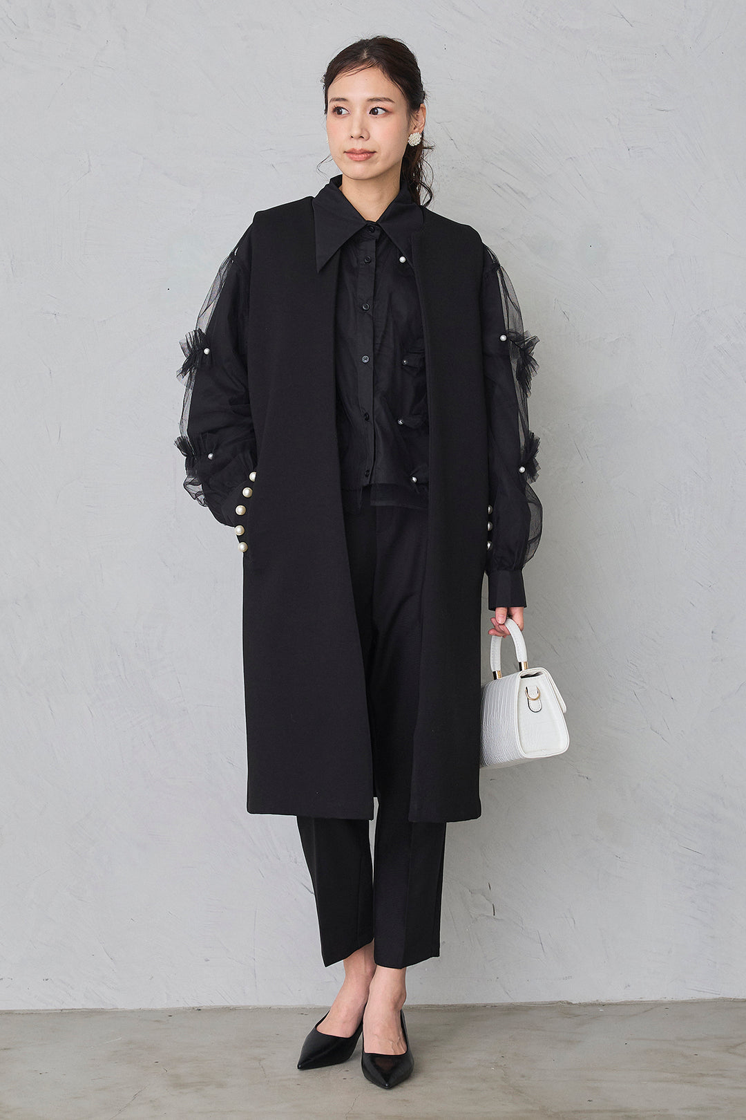 [予約/SET]チュールレイヤードパールシャツ+ポケットパール付きボンディングロングベスト+タックテーパードパンツ(3set)