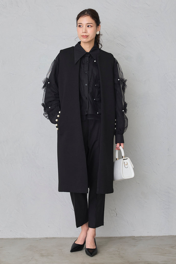 [予約/SET]チュールレイヤードパールシャツ+ポケットパール付きボンディングロングベスト+タックテーパードパンツ(3set)