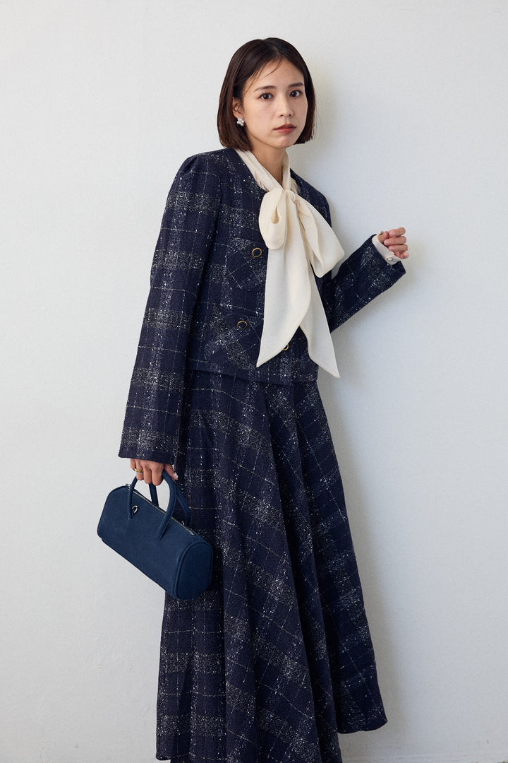 [予約/SET]前後2wayリボンシアーブラウス+ツイードチェックセミフレアスカートセットアップ(2set)