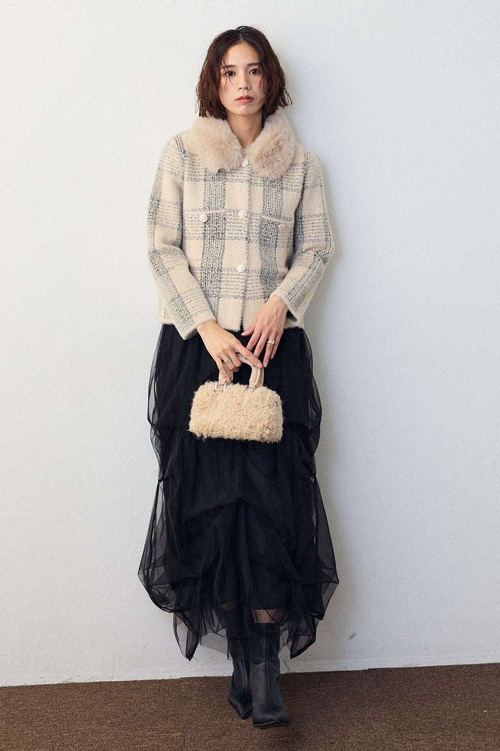 [予約/SET]チェック柄ファー襟コーディガン+マルチパターンタックチュールスカート(2set)