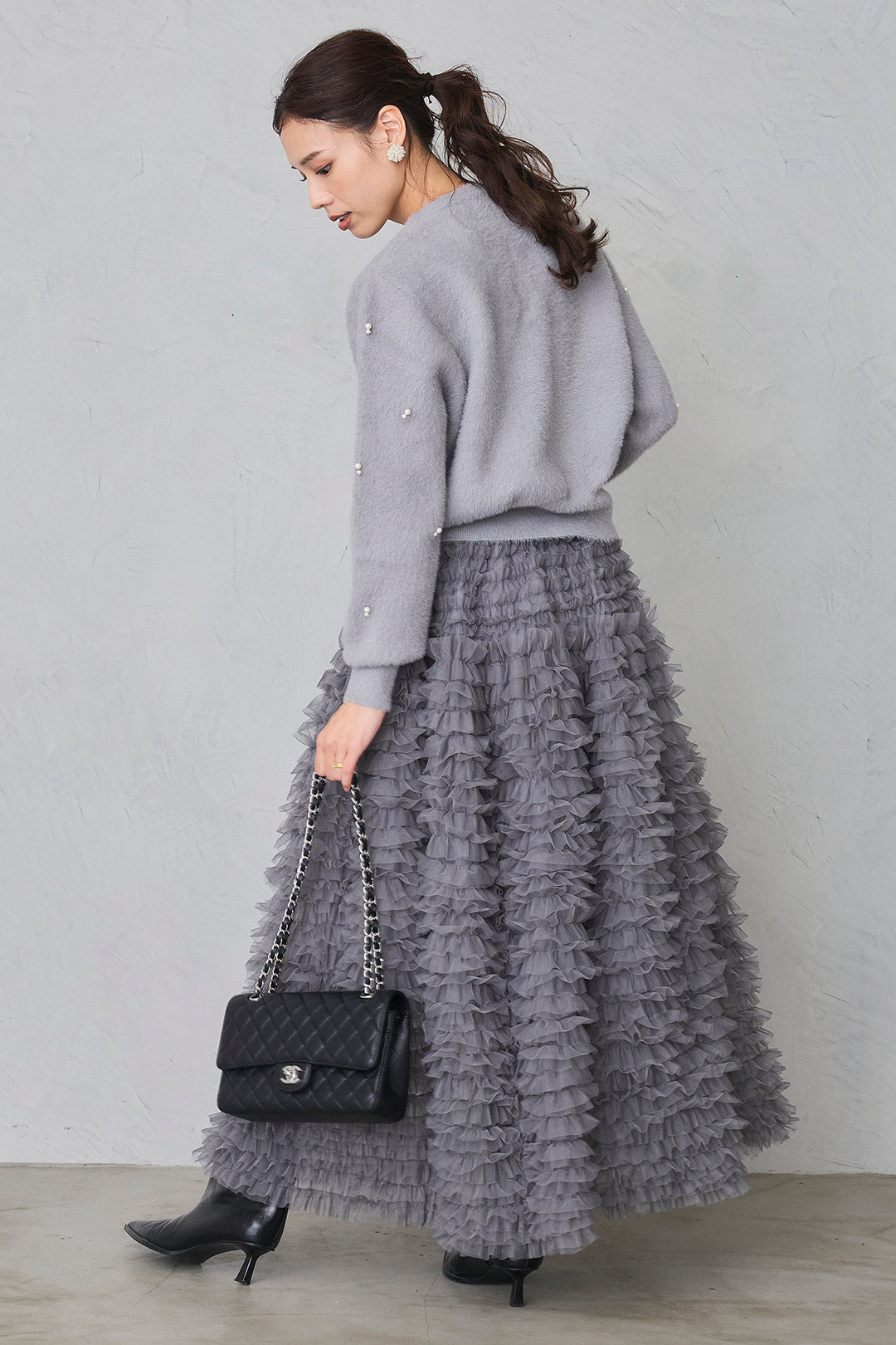 [予約/SET]ミックスパールシャギーコーディガン+ホイップチュールティアードスカート(2set)