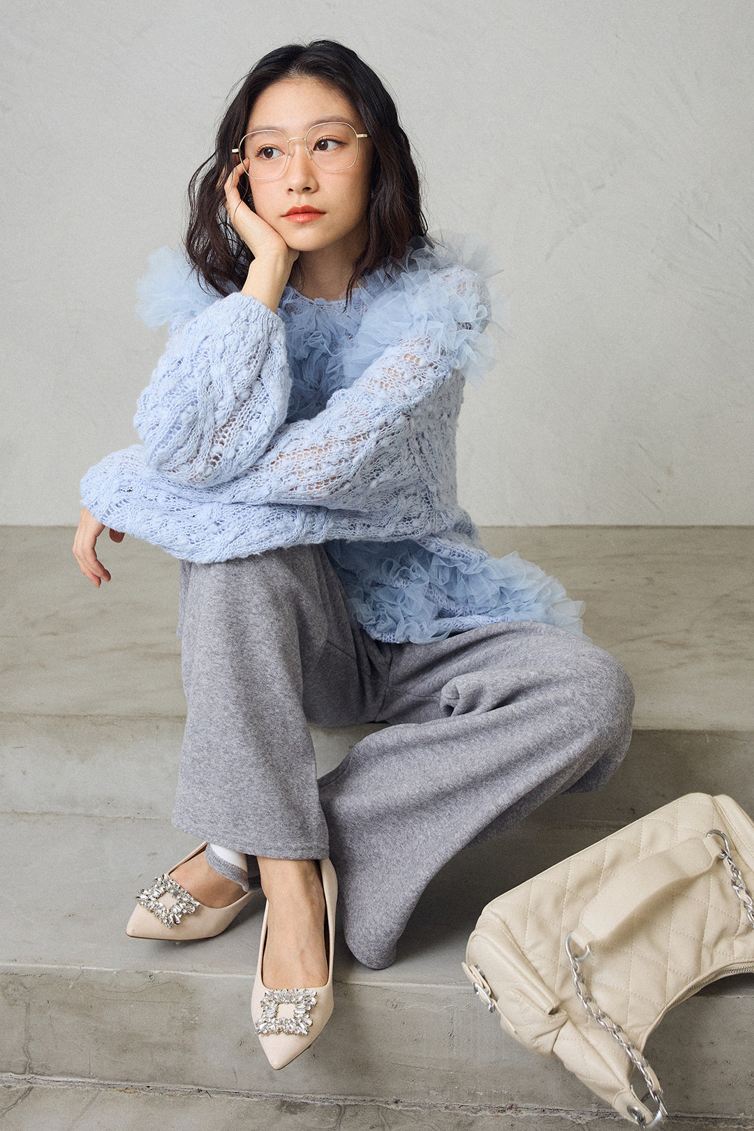 [予約/SET]透かし編みホイップチュールニット+ウォームタッチイージーパンツ(2set)