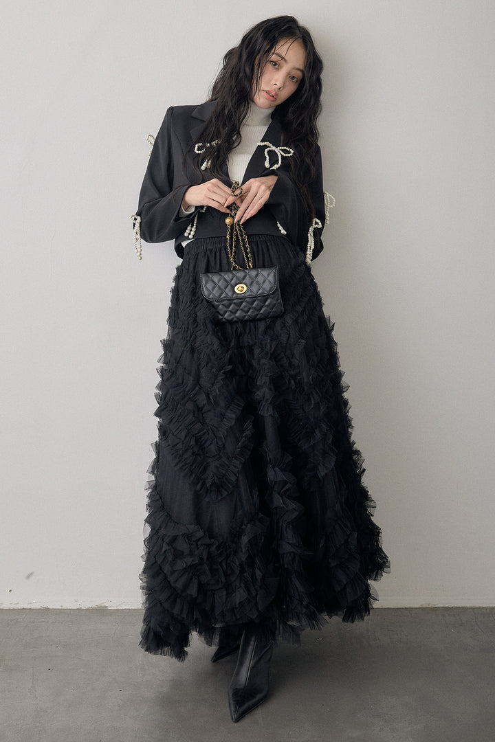 [予約/SET]ベーシックリブタートルニット+パールリボンクロップドジャケット+スフレアシメチュールスカート(3set)