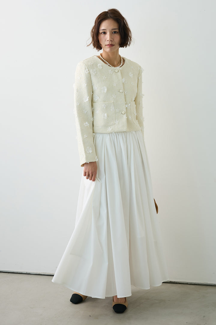 [予約/SET]フラワーモチーフツイードジャケット+ギャザーフレア綿タッチスカート(2set)