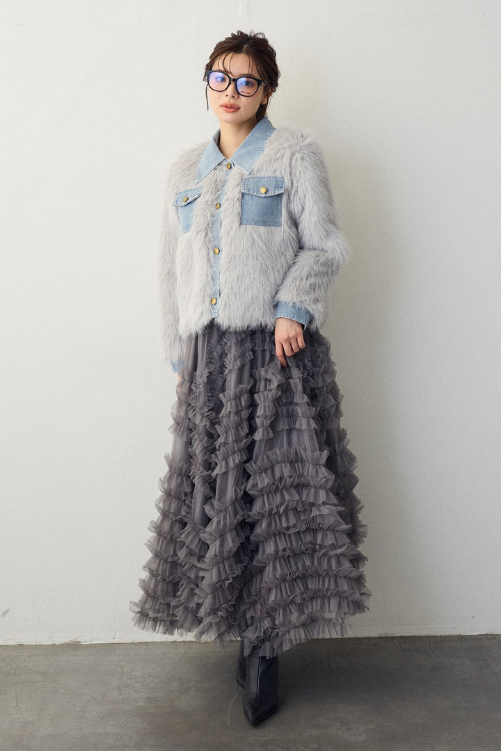 [予約/SET]デニムシャツドッキングファージャケット+スフレアシメチュールスカート(2set)