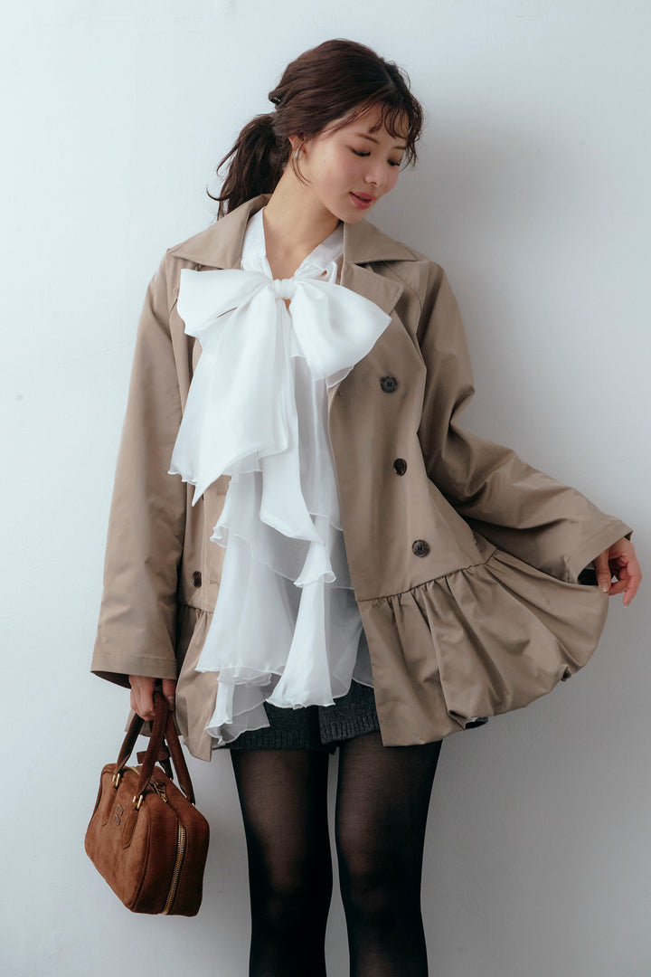 [予約/SET]フロントBIGリボンティアードエアリーチュニック+バルーンヘムミディ丈トレンチコート(2set)
