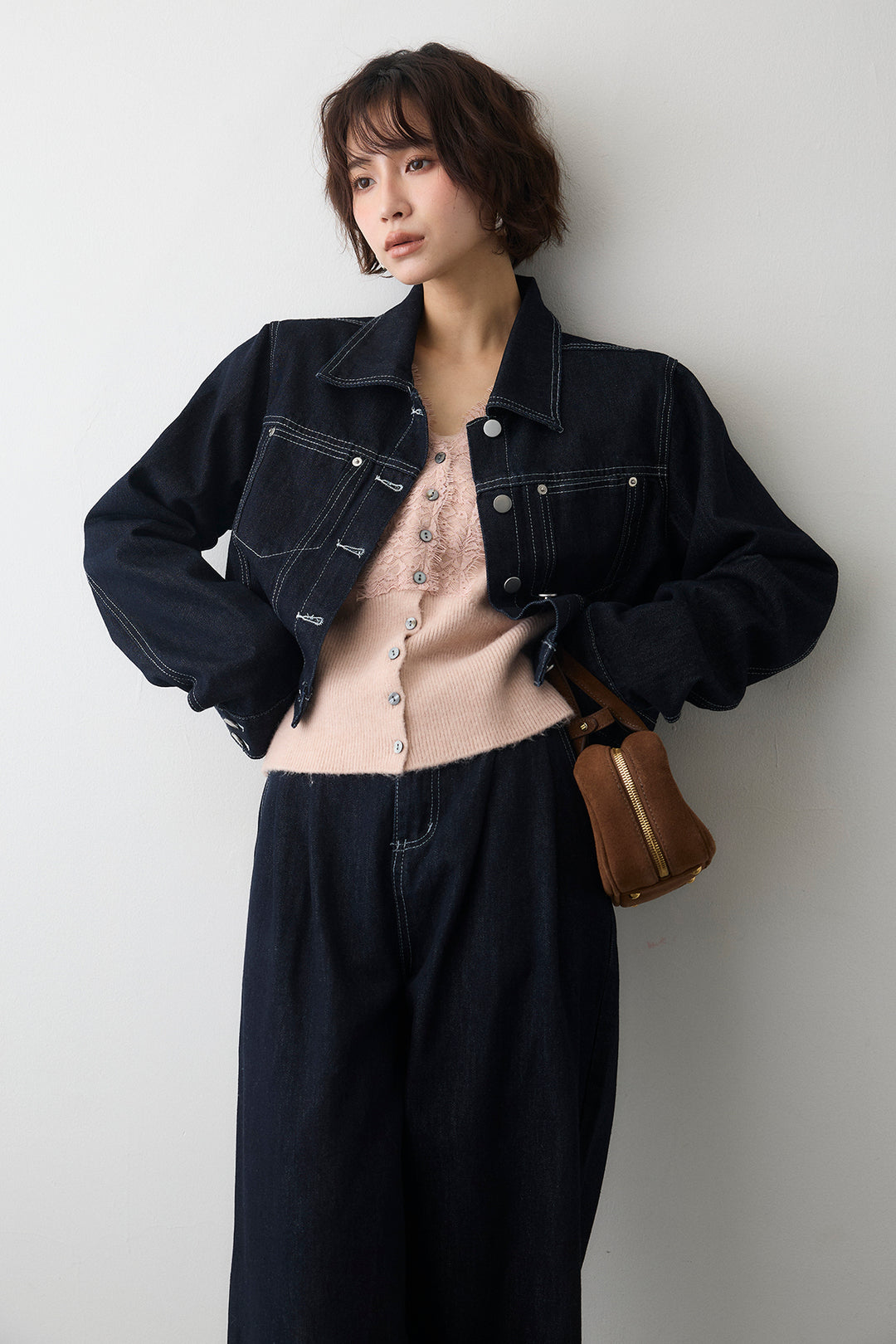 [予約/SET]レースVラインボタンニット+クロップドデニムセットアップ(2set)