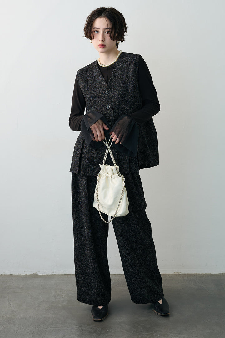 [予約/SET]チュールシアーカフスリブニット+サマーツイードボックスプリーツベスト+サマーツイードウエストラインタックパンツ(3set)