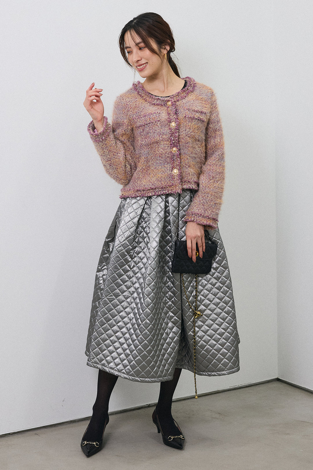[予約/SET]カラーミックスツイードジャケット+メタリックキルティングフレアスカート(2set)