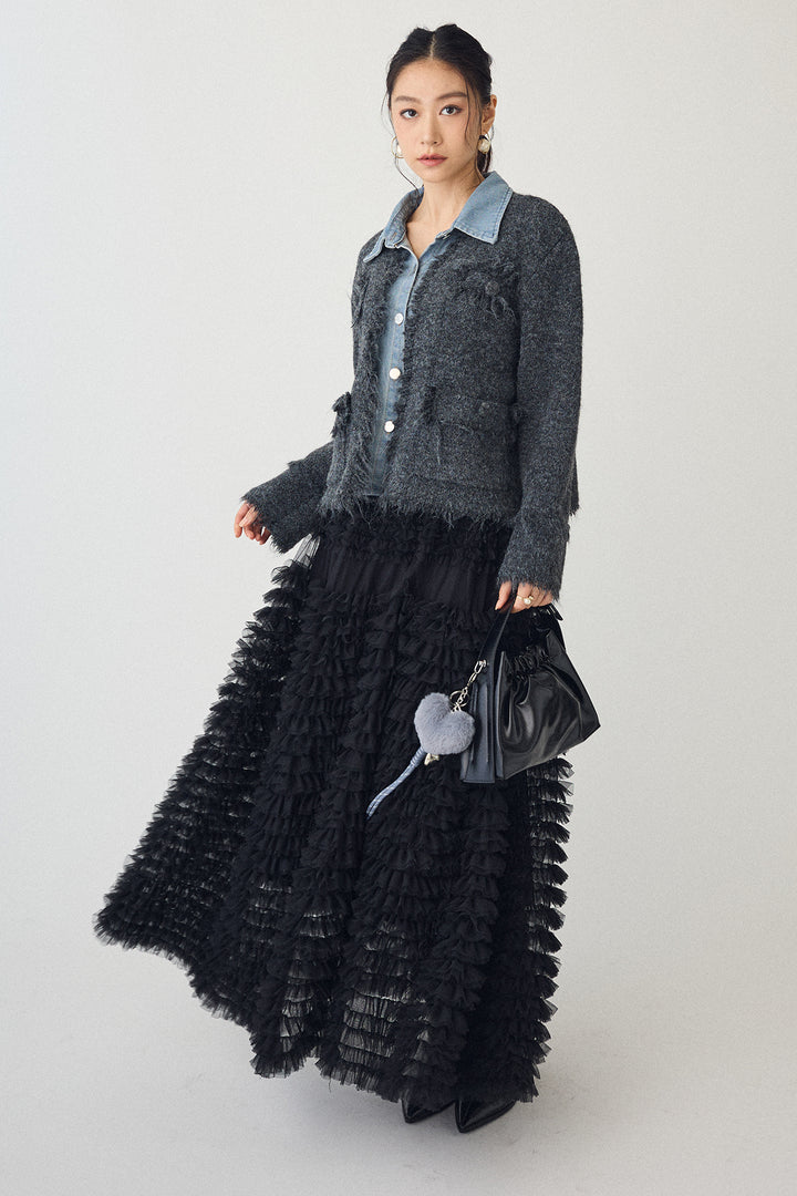 [予約/SET]デニムシャツドッキングツイードカーデ+ホイップチュールティアードスカート(2set)