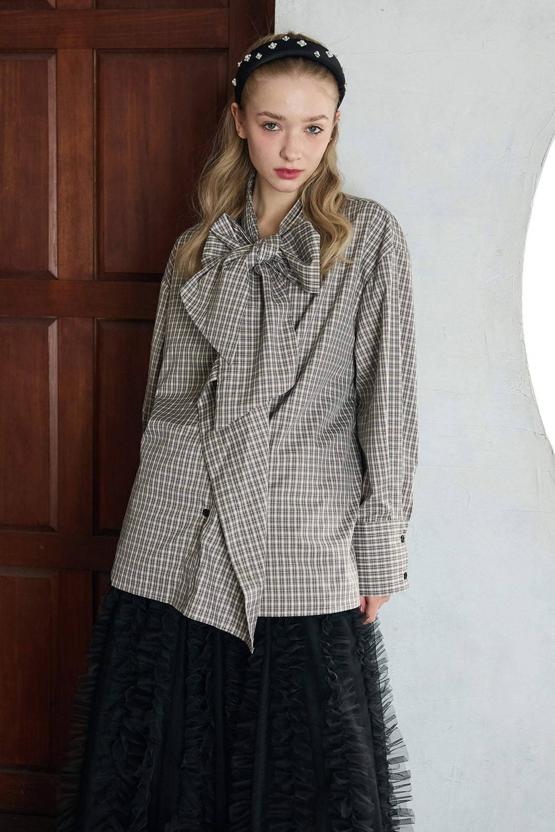 [予約/SET]マルチパターンボウタイアシメシャツ+Iラインホイップチュールスカート(2set)