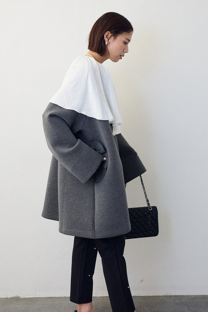 [予約/SET]BIGフリルカラーブラウス+フリルポケットボンディングノーカラーコート+センターシームランダムパールパンツ(3set)