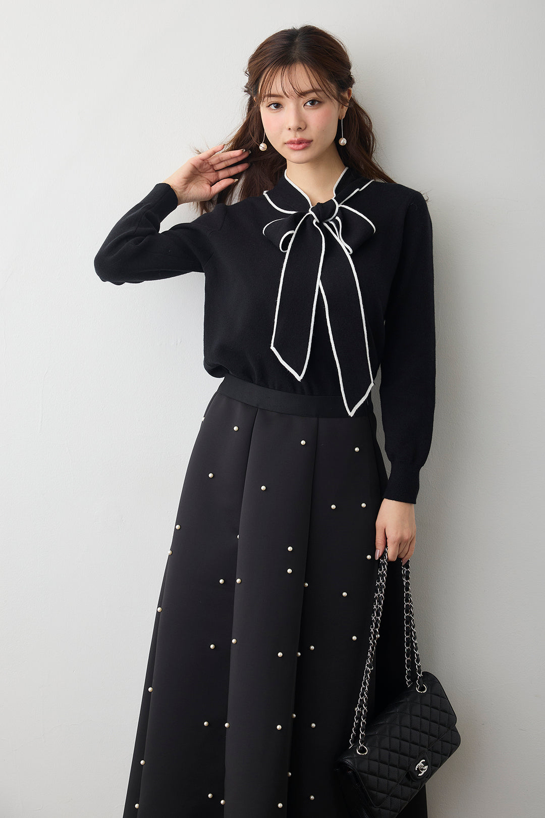 [予約/SET]配色ボウタイリボンニット+マルチパターンボンディングフレアスカート(2set)