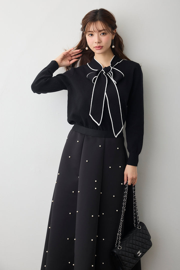 [予約/SET]配色ボウタイリボンニット+マルチパターンボンディングフレアスカート(2set)