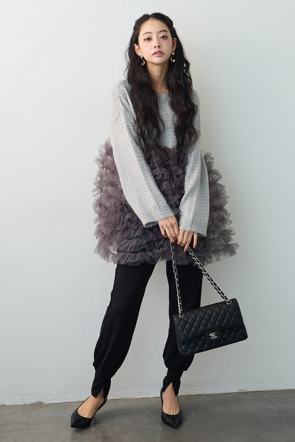 予約]ホイップチュールスパンコールニットドッキングチュニック – Frene