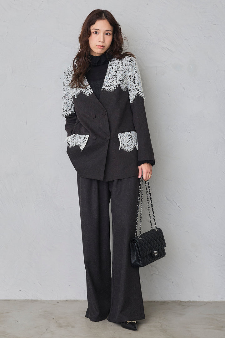 [予約/SET]ショルダーレースデザインジャケット+ライトツイードタックパンツ(2set)
