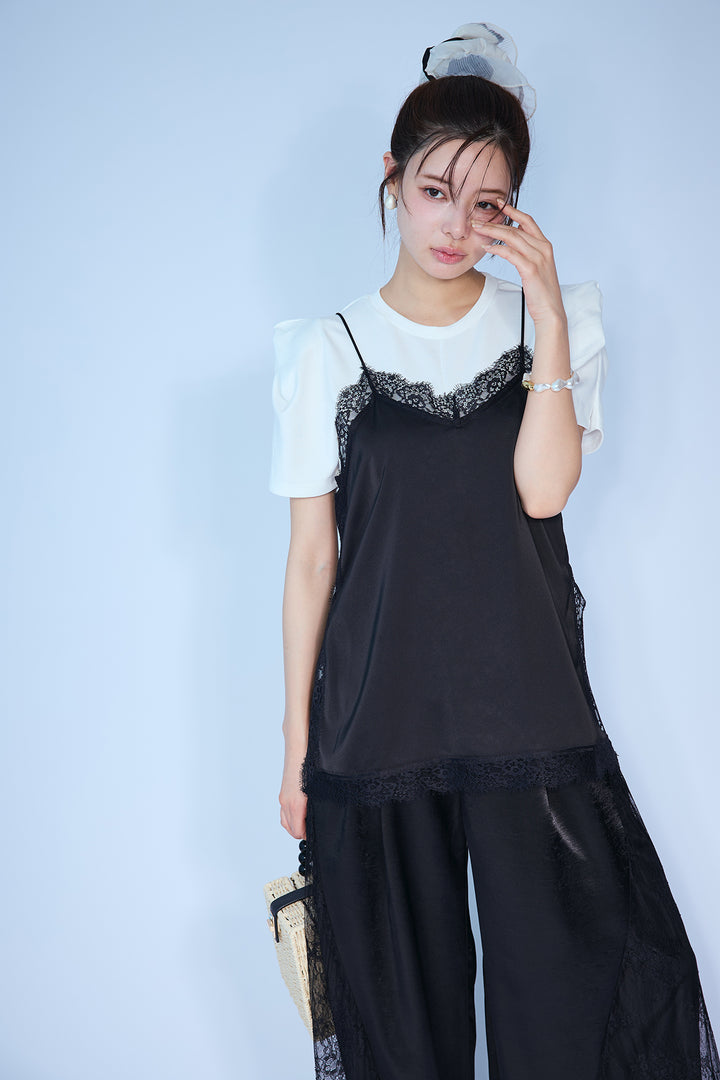 [予約/SET]スクエアショルダーデザインカットトップス+マットサテンレースキャミソール+サイドレースデザインリラックスパンツ(3set)
