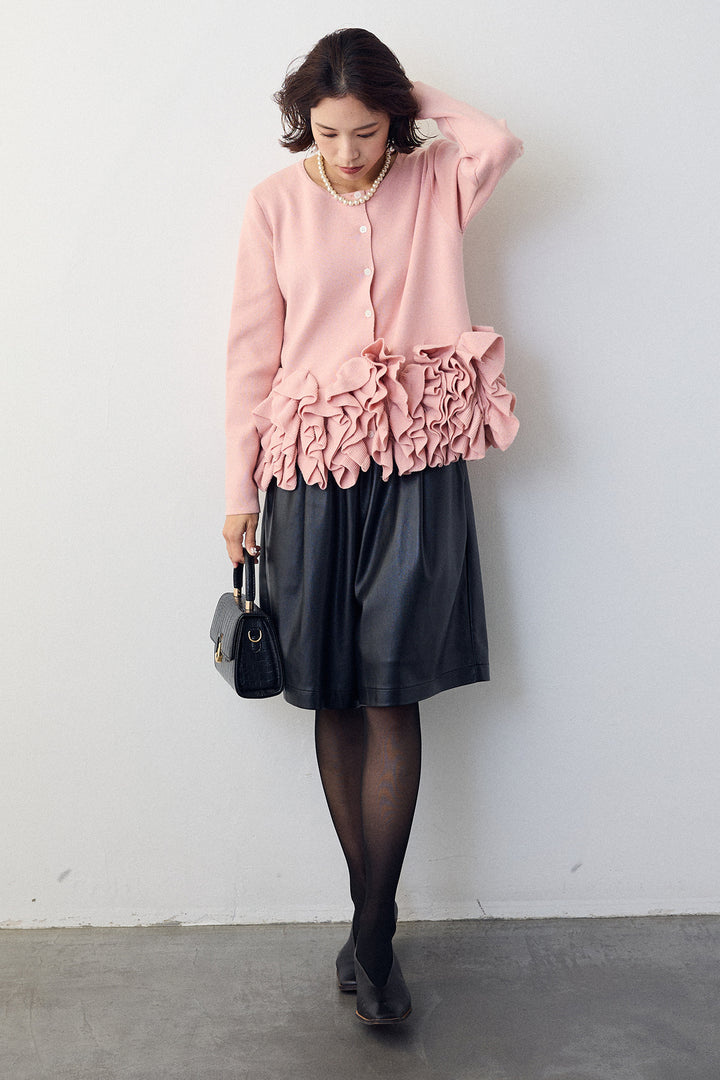 [予約/SET]フリルホイップニットカーディガン+レザーライクハーフパンツ(2set)