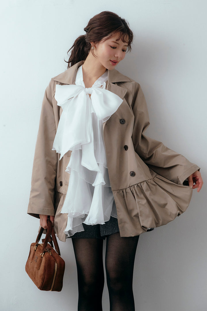 [予約/SET]フロントBIGリボンティアードエアリーチュニック+バルーンヘムミディ丈トレンチコート+メランジニットショートパンツ(3set)