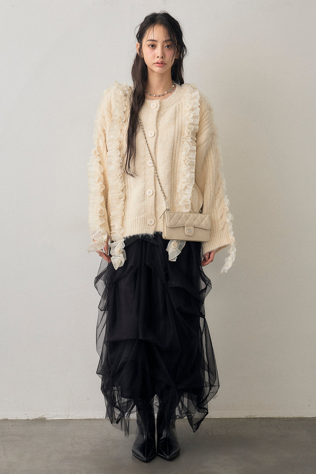 [予約/SET]フリルローズドッキングニットカーデ+マルチパターンタックチュールスカート(2set)