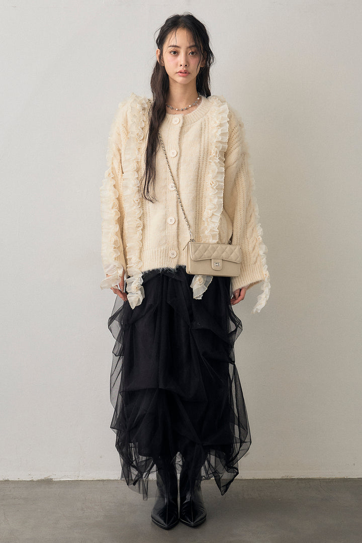[予約/SET]フリルローズドッキングニットカーデ+マルチパターンタックチュールスカート(2set)