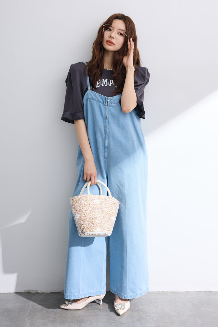[予約/SET]ロゴパフスリーブデザインTシャツ+フロントZIPデニムサロペ(2set)