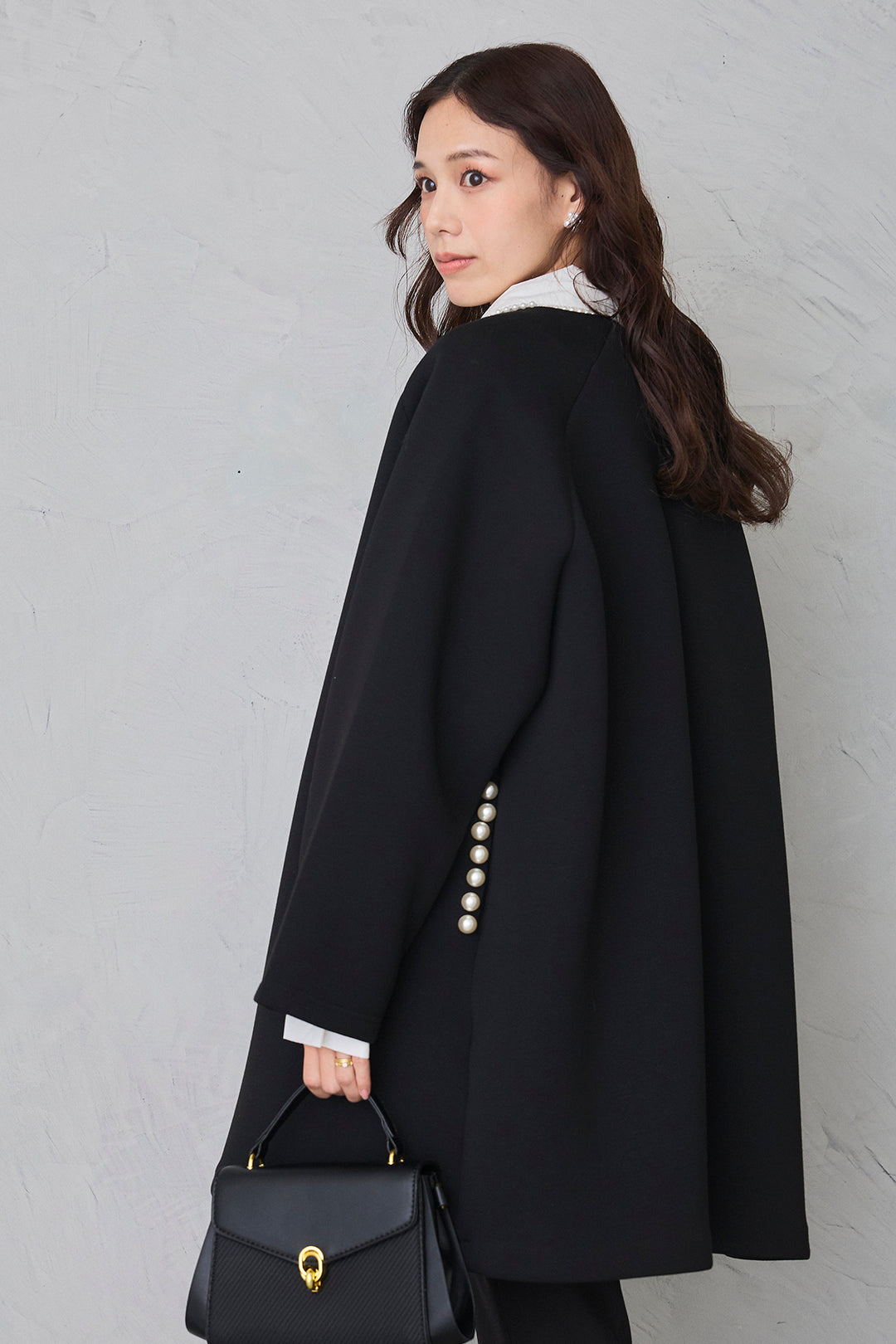 [予約/SET]パールライン襟×プリーツシャツ+ポケットパール付きダンボールコート+タックテーパードパンツ(3set)