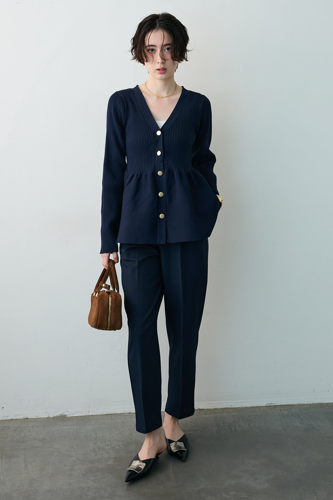 [予約/SET]スポンジペプラムリブニットカーデ+ベルトセットタックテーパードパンツ(2set)