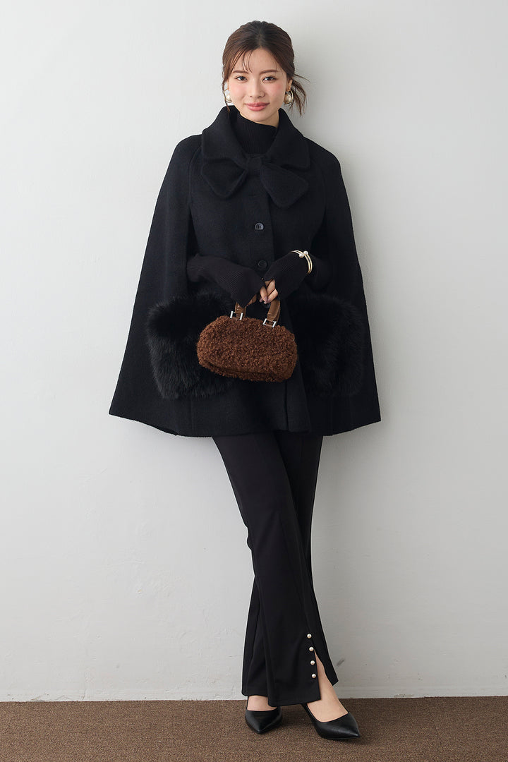 [予約/SET]ベーシックフィンガーホールリブニット+ウールタッチファーポケットポンチョコート(2set)