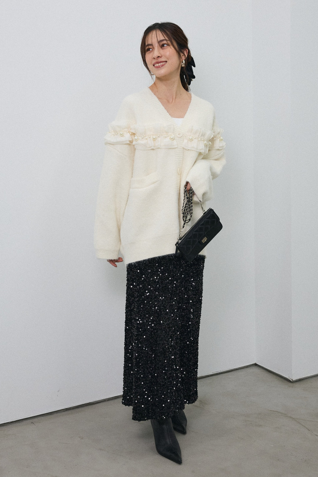 [予約/SET]フリルパールドッキングニットコーディガン+スパンコールシャイニースカート(2set)