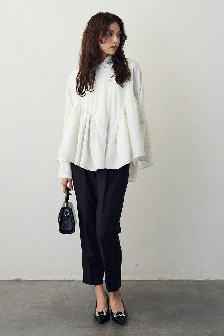 [予約/SET]ビジュー付け襟+フリルテール異素材切替チュニック+タックテーパードパンツ(3set)