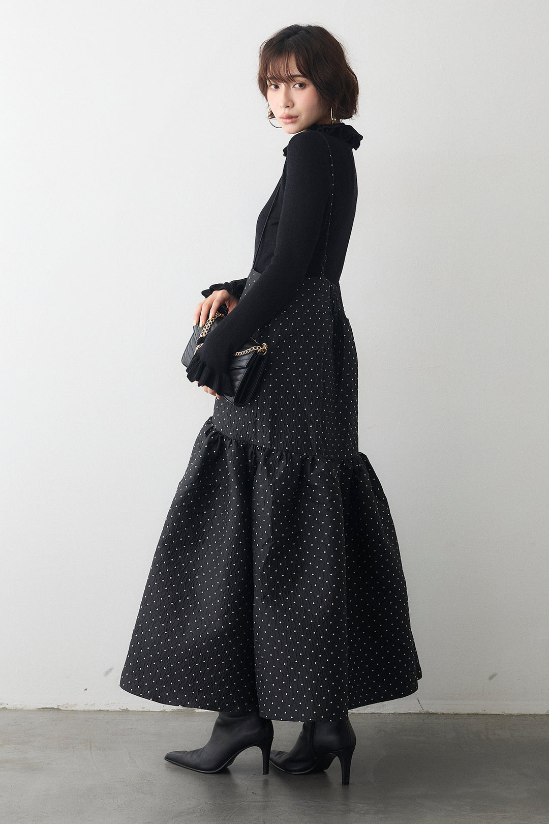 [予約/SET]ダブルフリルカラーニットプルオーバー+ドットジャガードギャザーフレアスカート(2set)