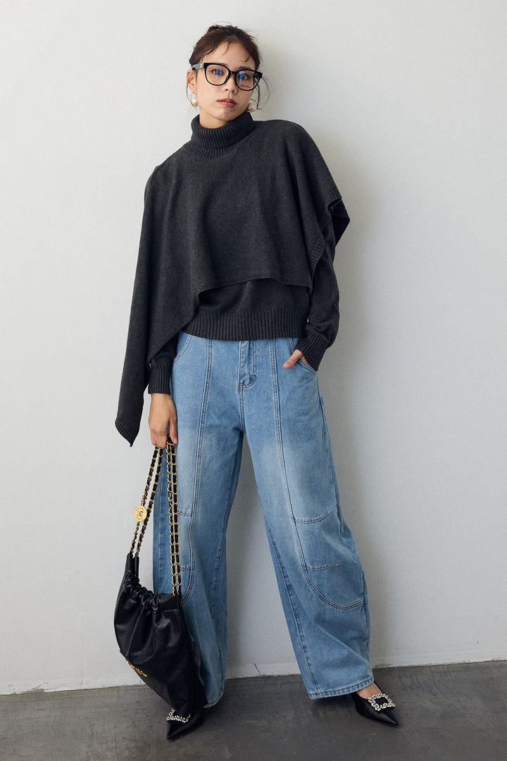 [予約/SET]アシメケープ2wayニット+ステッチ美ラインカーブデニムパンツ(2set)