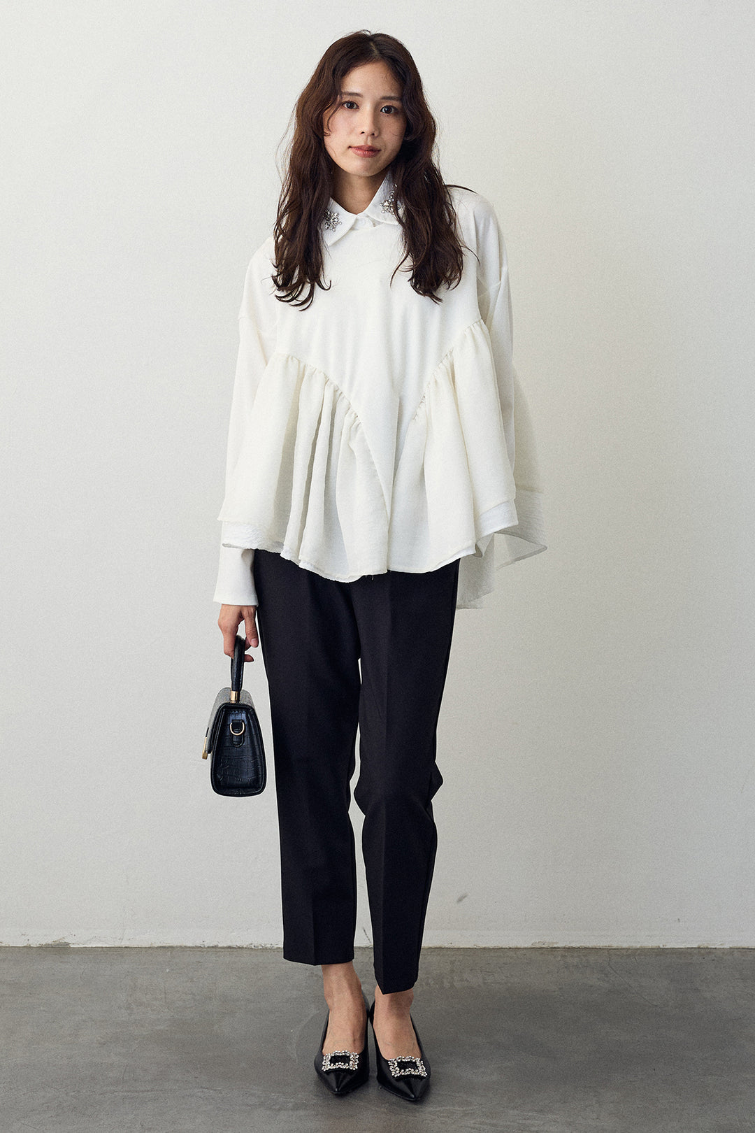 [予約/SET]フリルテール異素材切替チュニック+タックテーパードパンツ(2set)