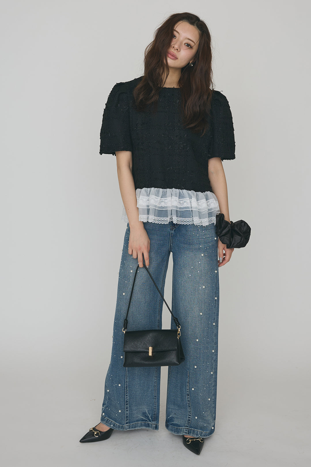 [予約/SET]サマーツイード異素材ドッキングトップス+パールラインストーンハイウエストデニム(2set)